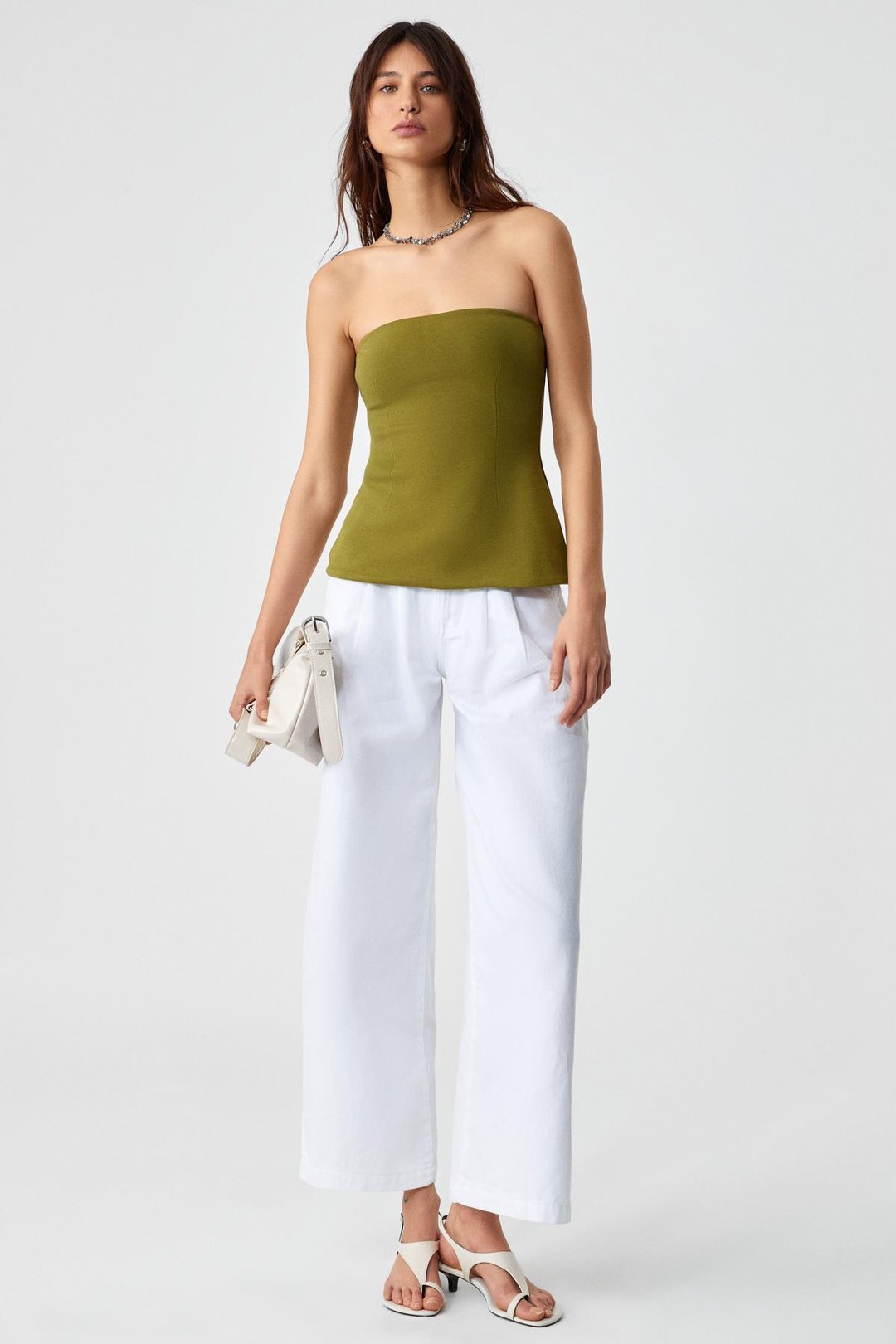 ORIANA Kadın Slim Fit Straplez Yeşil Bluz