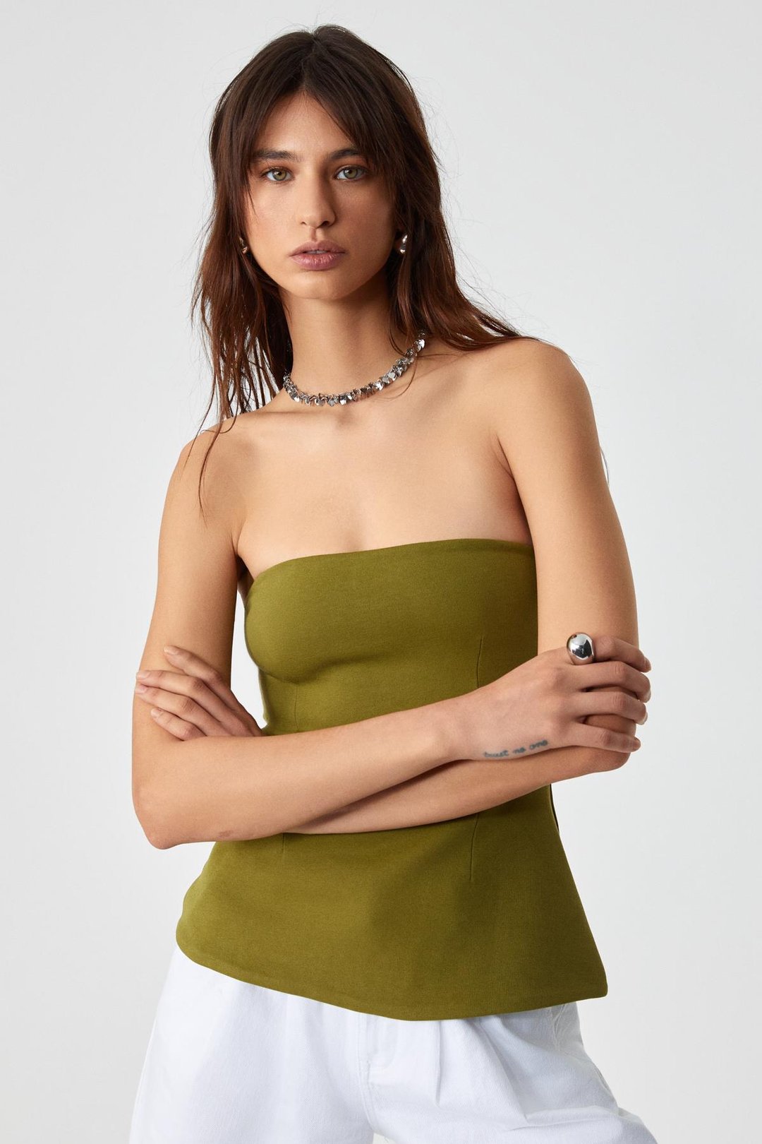 ORIANA Kadın Slim Fit Straplez Yeşil Bluz