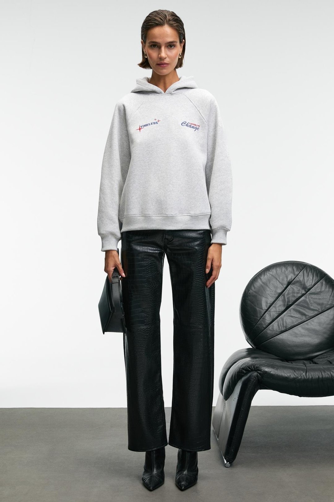 ORINQUE Kadın Kapüşonlu Baskı ve Nakış Detaylı Oversize Grimelanj Sweatshirt