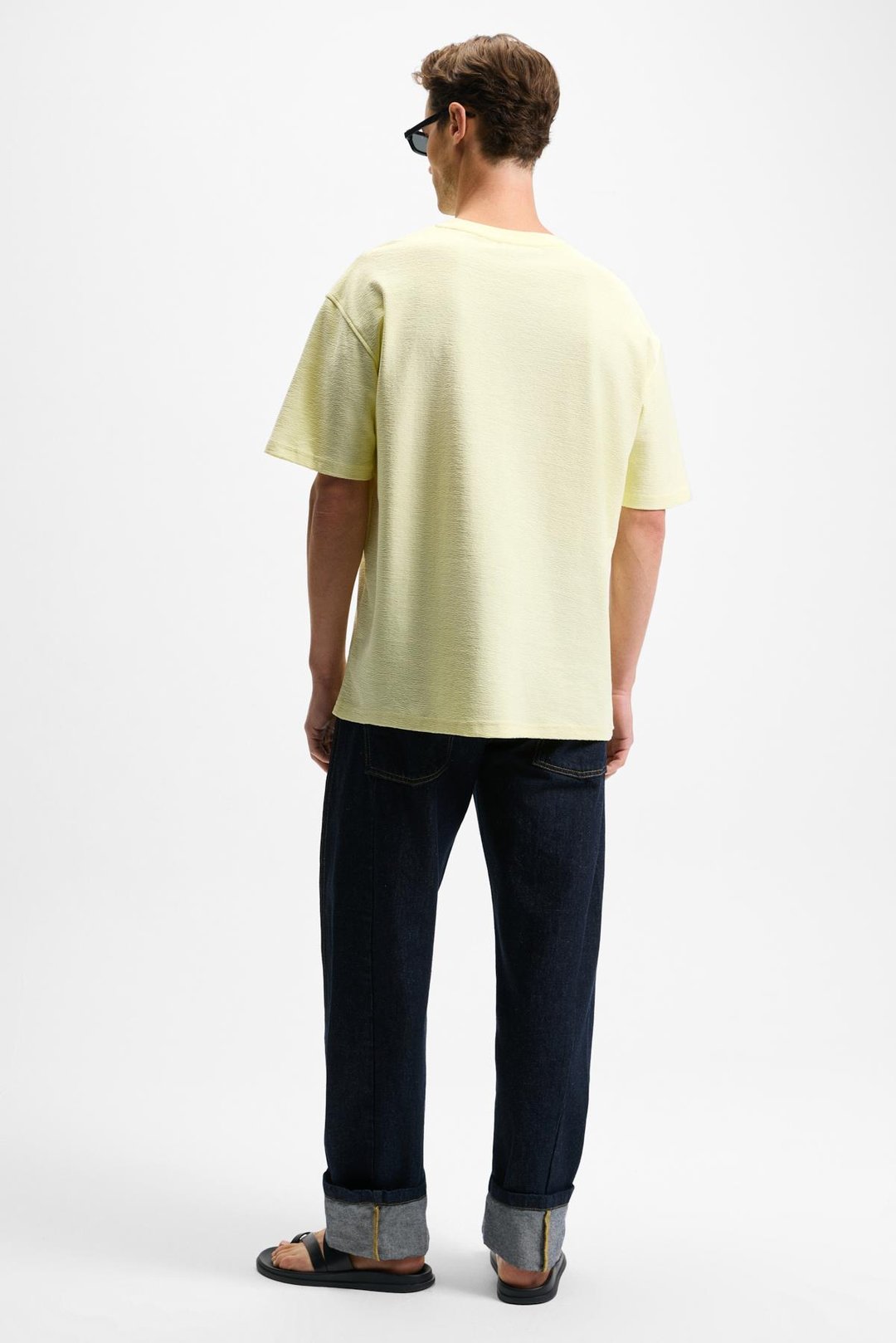 OURFLOW Erkek Nakış Detaylı %100 Organik Pamuk Bisiklet Yaka Kısa Kollu Oversize Sarı T-Shirt