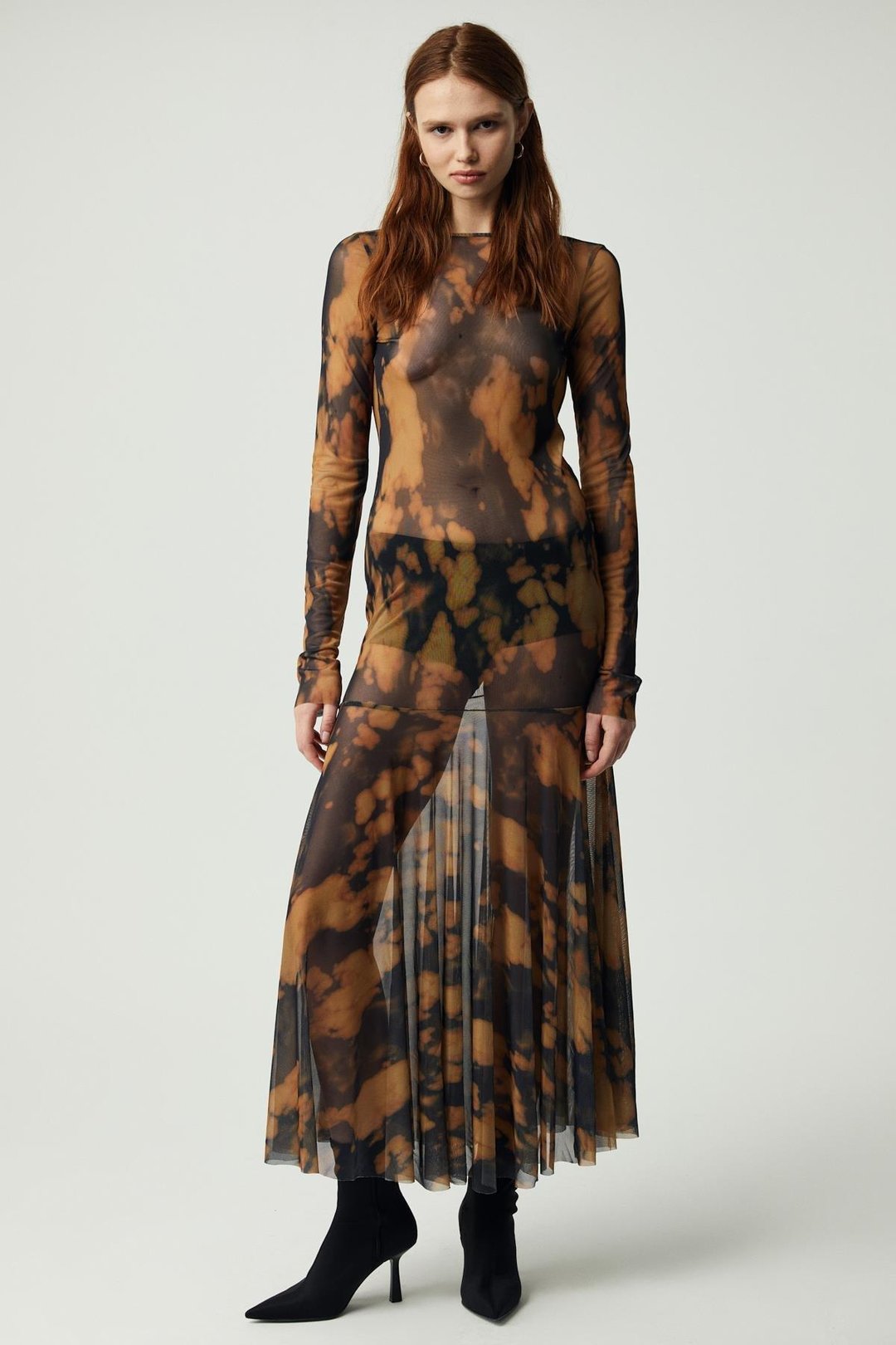 OYSTER Kadın Uzun Kollu Desenli Astarsız Desenli Elbise