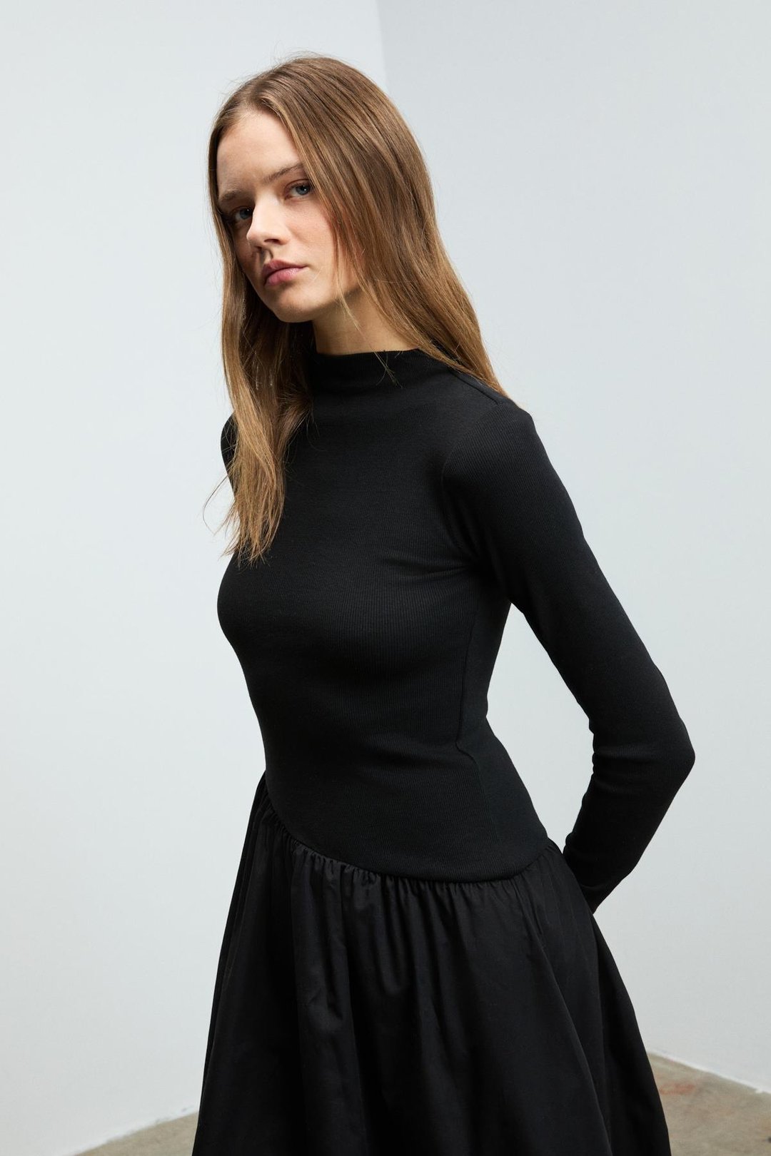 PANTI Kadın Üstü Ribana Eteği Poplin Vücuda Oturan Siyah Elbise