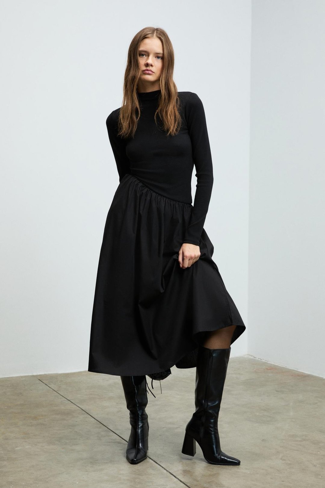 PANTI Kadın Üstü Ribana Eteği Poplin Vücuda Oturan Siyah Elbise