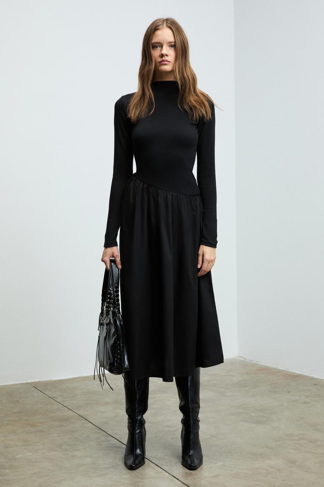 PANTI Kadın Üstü Ribana Eteği Poplin Vücuda Oturan Siyah Elbise