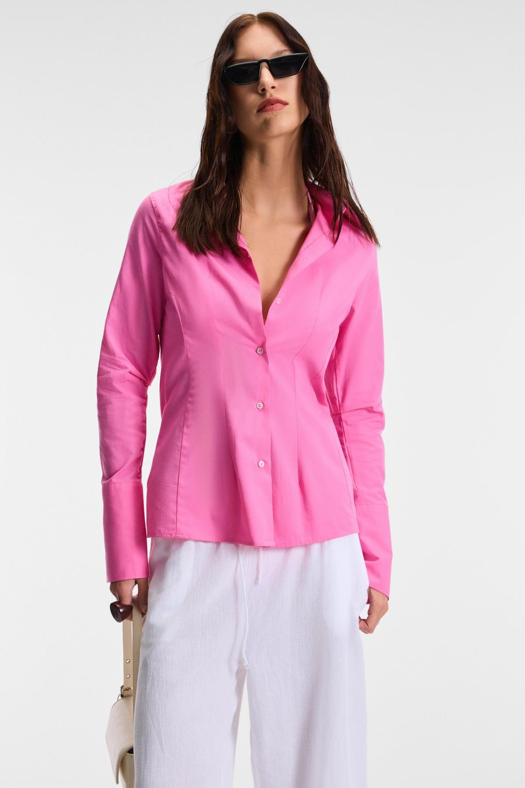 PAPILUS Kadın Regular %100 Organik Pamuk İnce Uzun Gömlek Yaka Uzun Kollu Pembe Gömlek