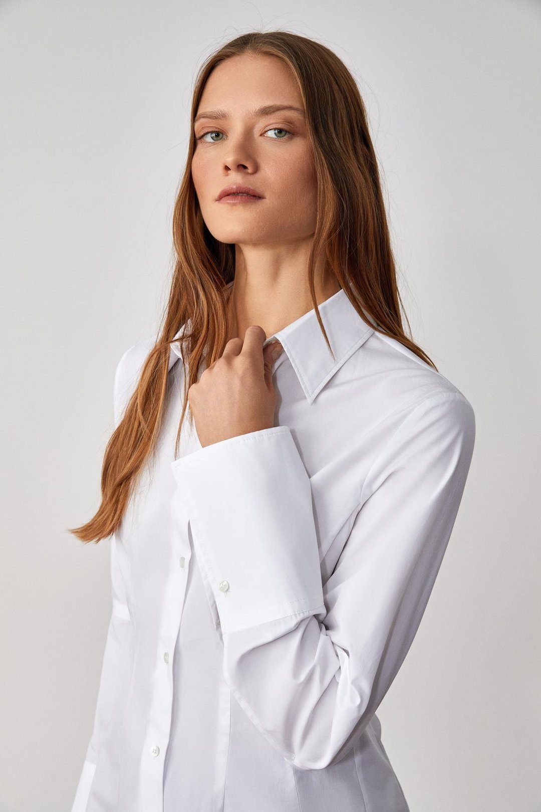 PAPILUS Kadın Regular %100 Organik Pamuk İnce Uzun Gömlek Yaka Uzun Kollu Beyaz Gömlek