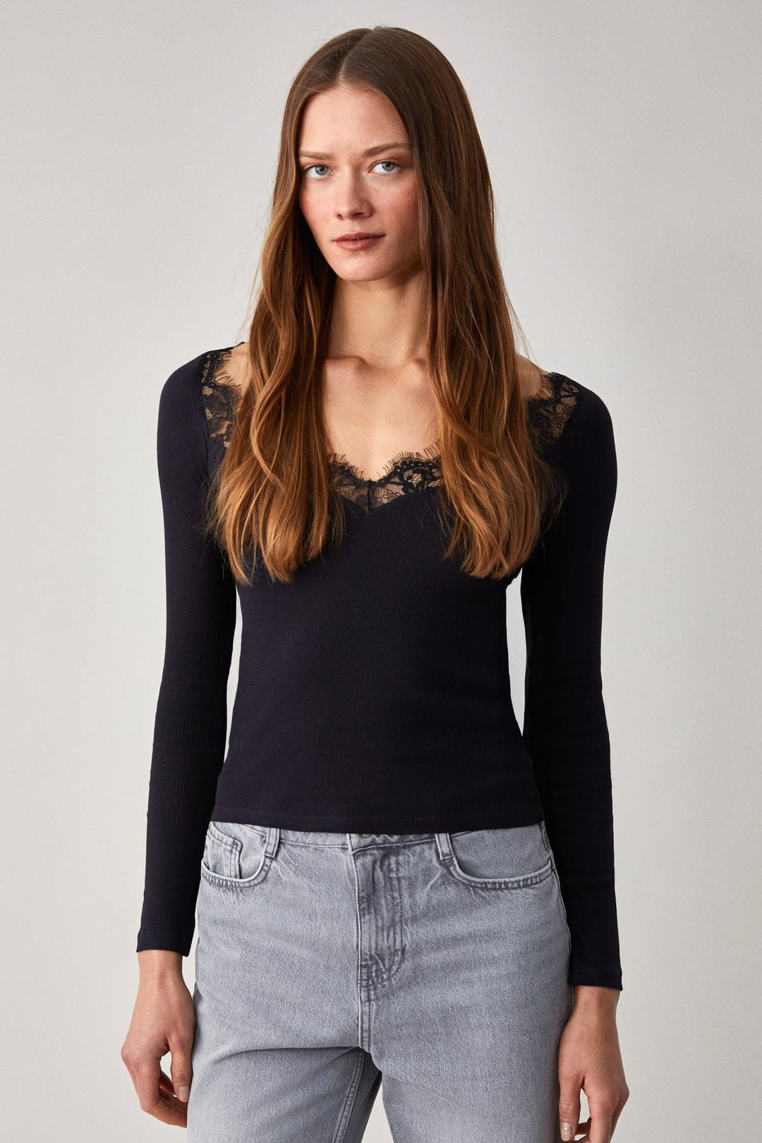 PARCERIO Kadın Slim Uzun Kollu Havuz Yaka İnce Siyah Bluz