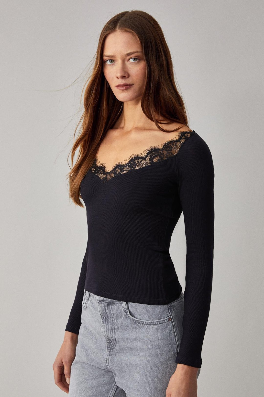 PARCERIO Kadın Slim Uzun Kollu Havuz Yaka İnce Siyah Bluz