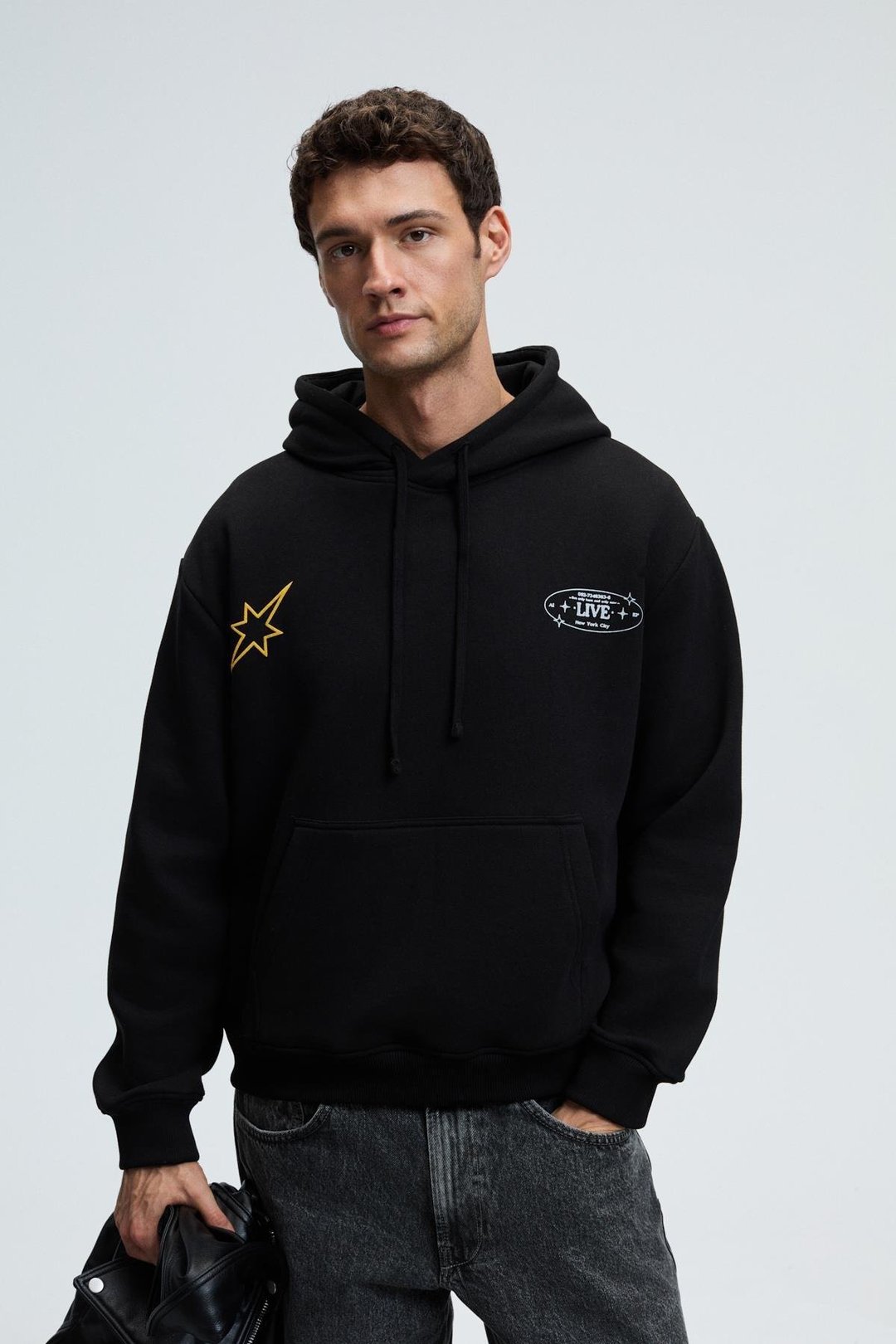 PASCAL Erkek Kapüşonlu Kanguru Cepli Önü Ve Sırtı Baskılı Regular Fit Siyah Sweatshirt
