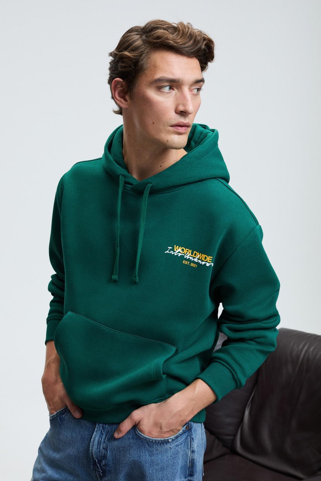 PASCAL Erkek Kapüşonlu Kanguru Cepli Önü Ve Sırtı Baskılı Regular Fit Yeşil Sweatshirt