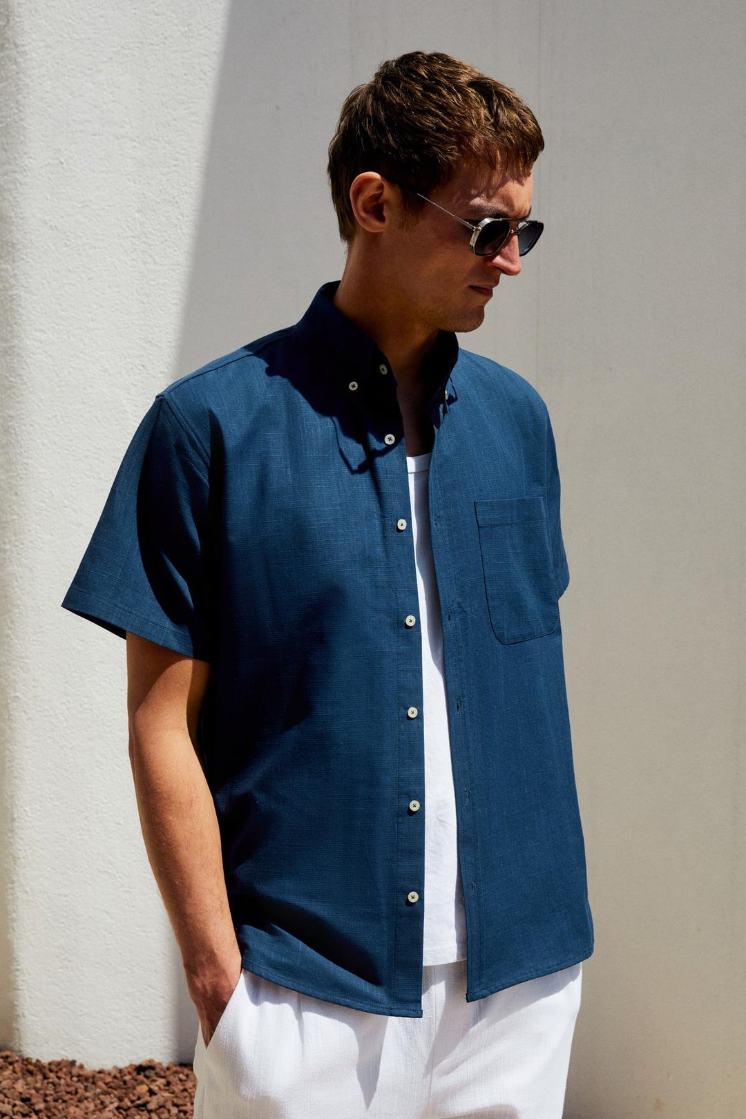 PASSI Erkek Kısa Kollu Tek Cepli Rahat Kesim Relaxed Fit Lacivert Gömlek