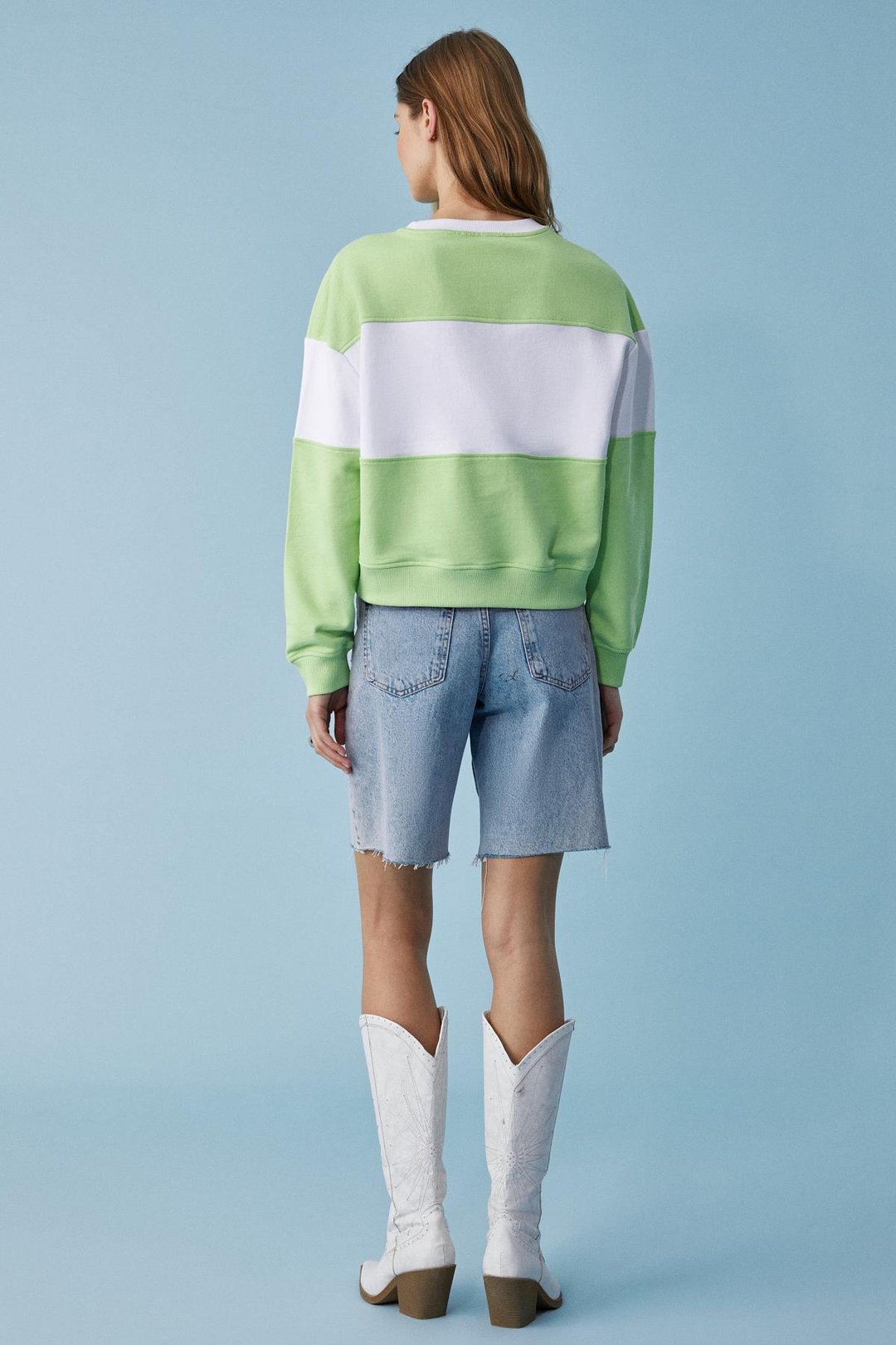 PAYNE Kadın Bisiklet Yaka Oversize Beyaz - Fıstık Yeşili Sweatshirt