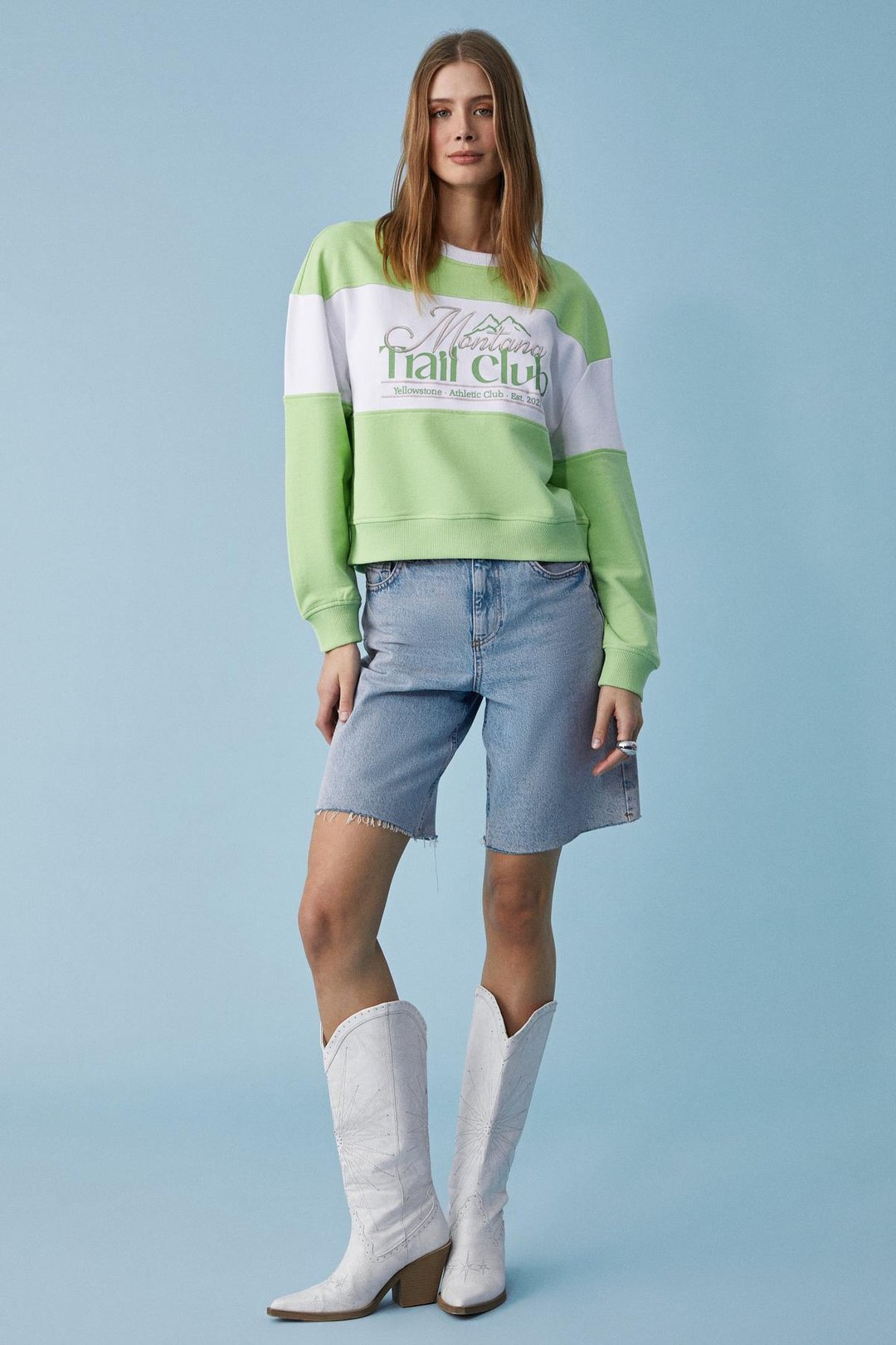 PAYNE Kadın Bisiklet Yaka Oversize Beyaz - Fıstık Yeşili Sweatshirt