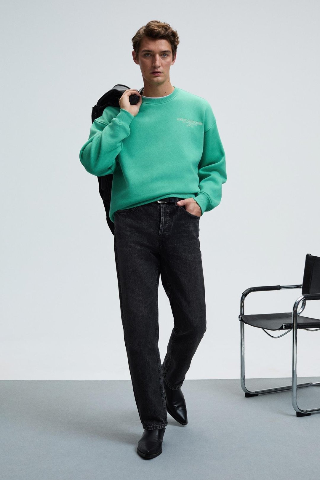 PERCY Erkek Yuvarlak Yaka Göğsü Nakışlı Sırtı Baskılı Oversize Yeşil Sweatshirt