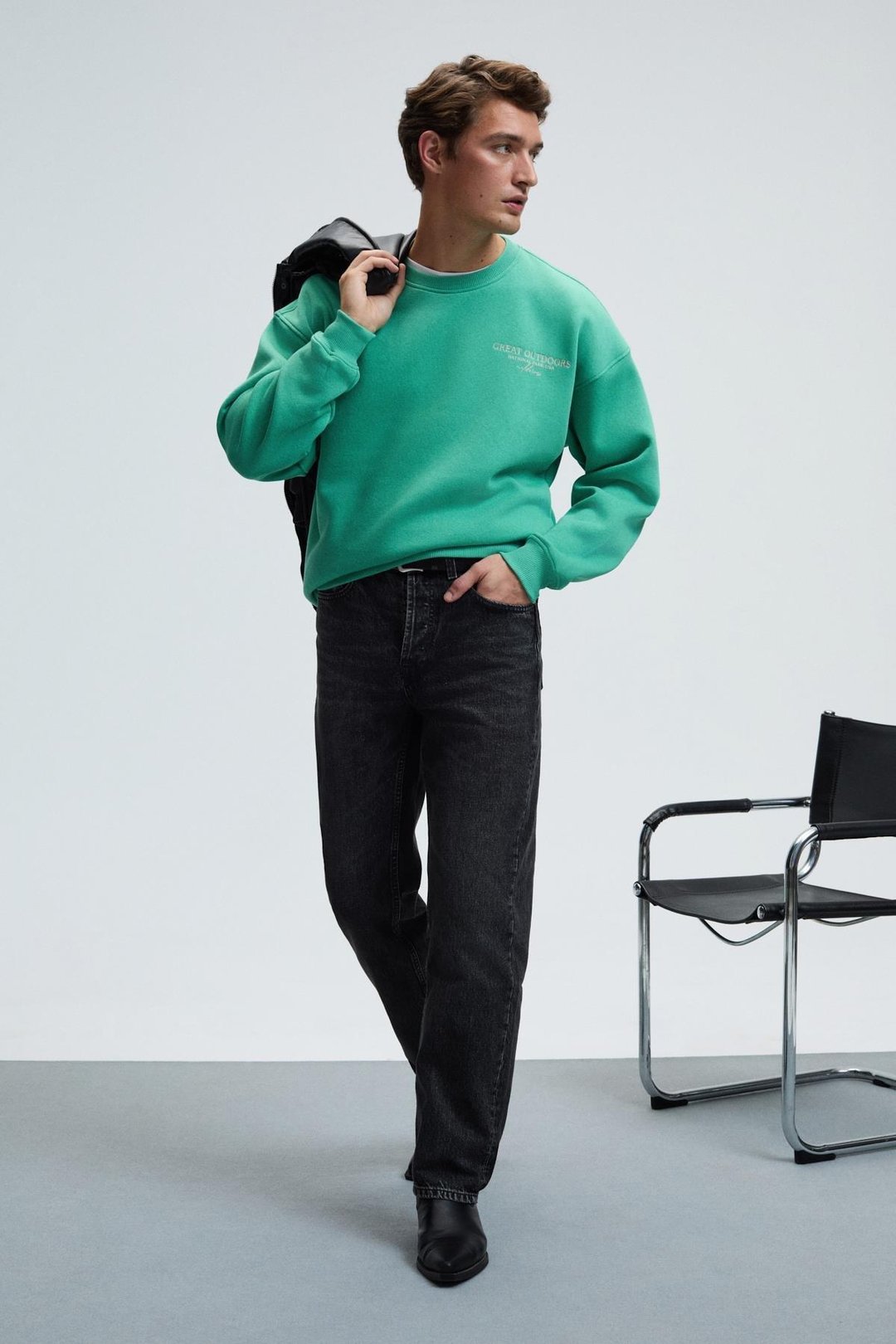 PERCY Erkek Yuvarlak Yaka Göğsü Nakışlı Sırtı Baskılı Oversize Yeşil Sweatshirt