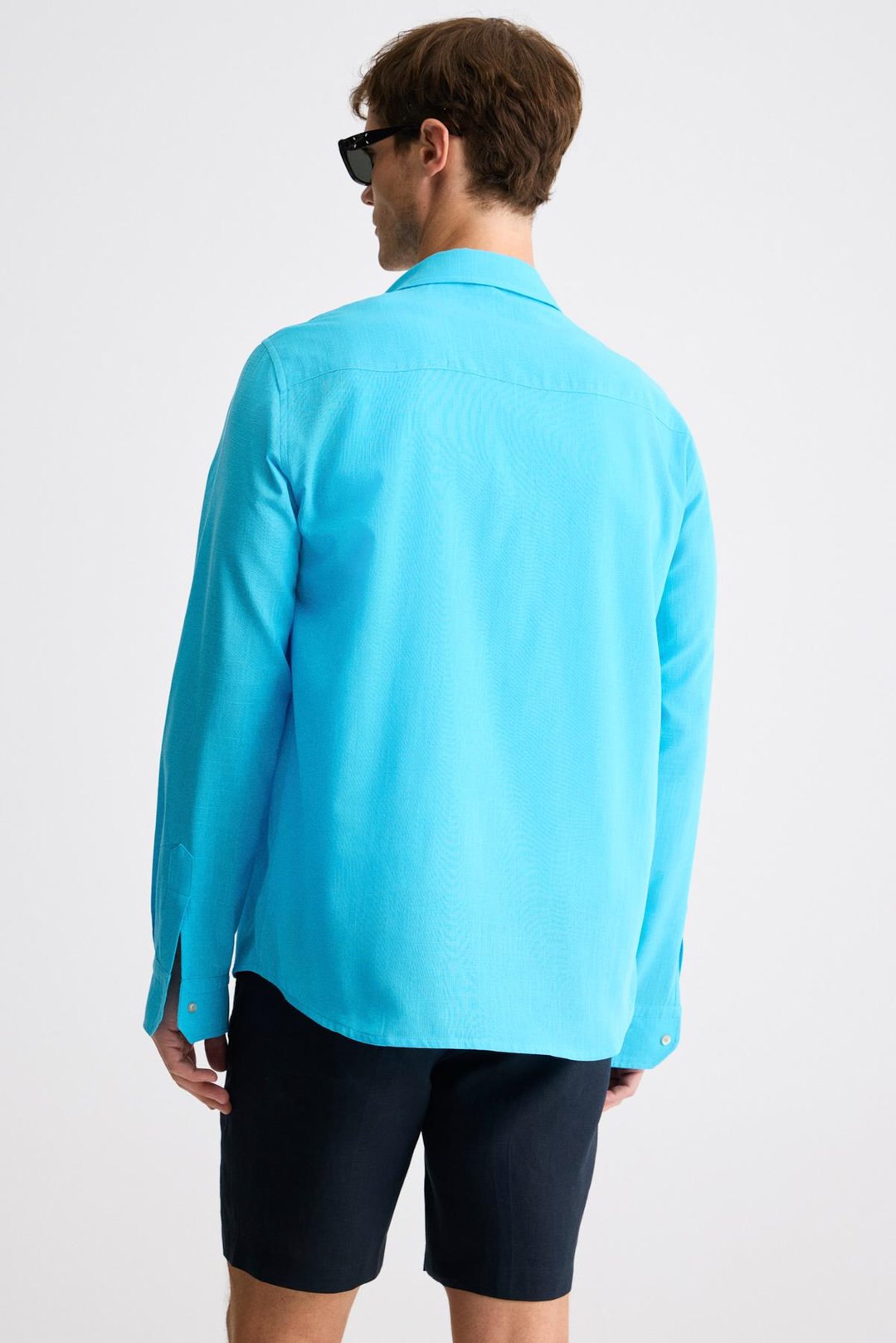 PERTTU Erkek %100 Pamuk Slim Fit Dar Kesim Düğmeli Yaka Keten Görünümlü Flamlı Turkuaz Gömlek