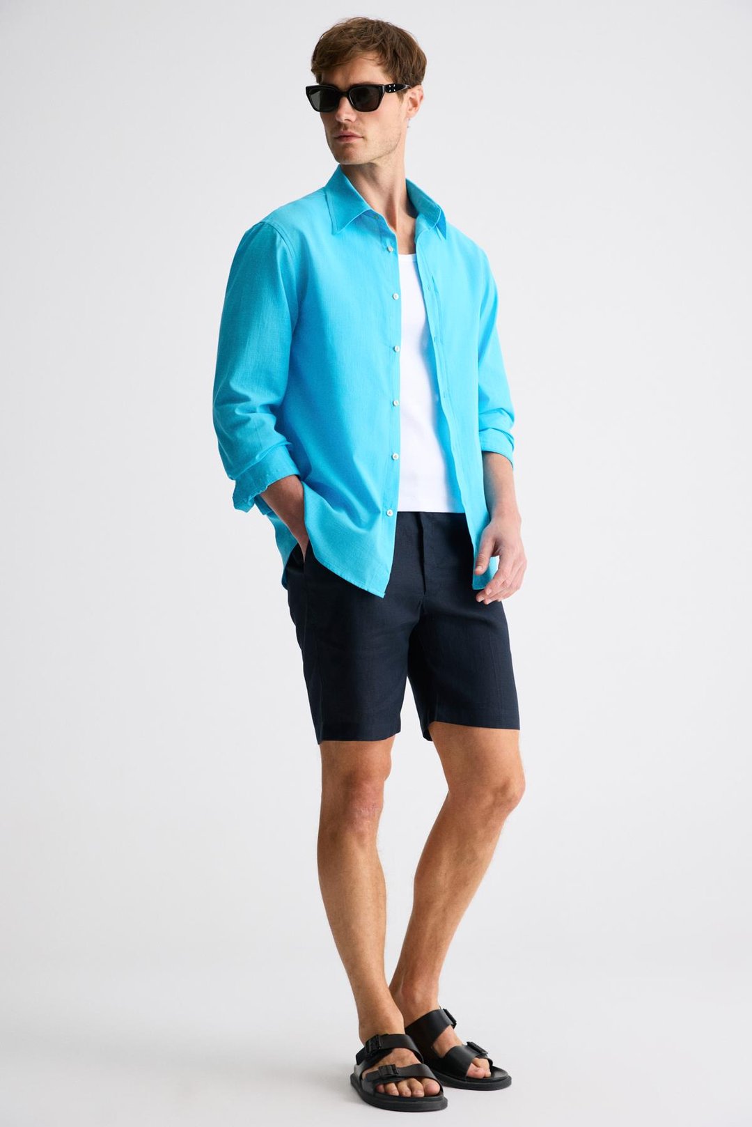 PERTTU Erkek %100 Pamuk Slim Fit Dar Kesim Düğmeli Yaka Keten Görünümlü Flamlı Turkuaz Gömlek