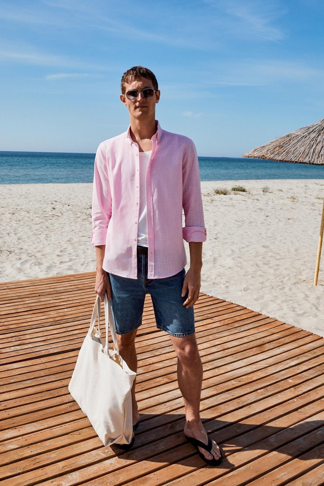 PERTTU Erkek %100 Pamuk Slim Fit Dar Kesim Düğmeli Yaka Keten Görünümlü Flamlı Pembe Gömlek