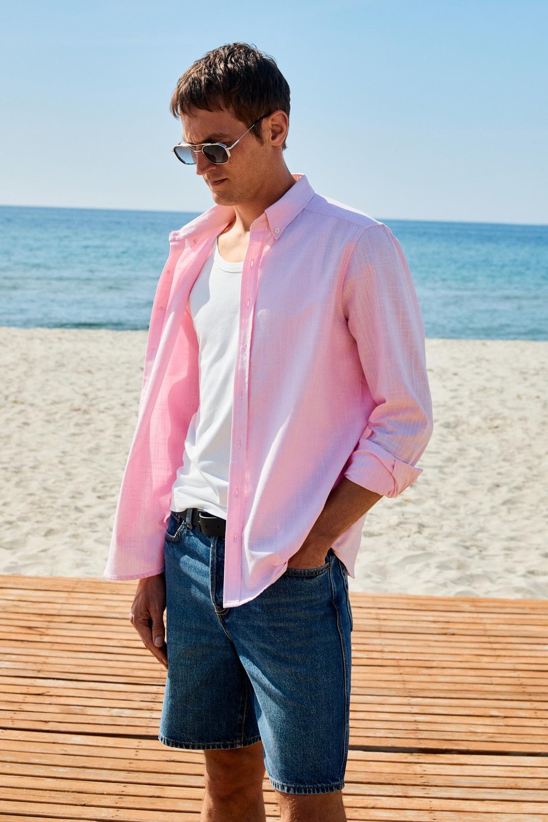 PERTTU Erkek %100 Pamuk Slim Fit Dar Kesim Düğmeli Yaka Keten Görünümlü Flamlı Pembe Gömlek