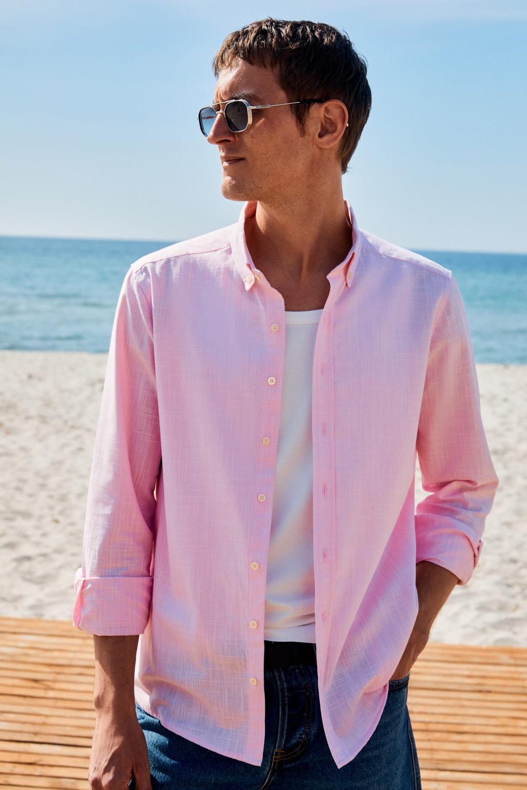 PERTTU Erkek %100 Pamuk Slim Fit Dar Kesim Düğmeli Yaka Keten Görünümlü Flamlı Pembe Gömlek