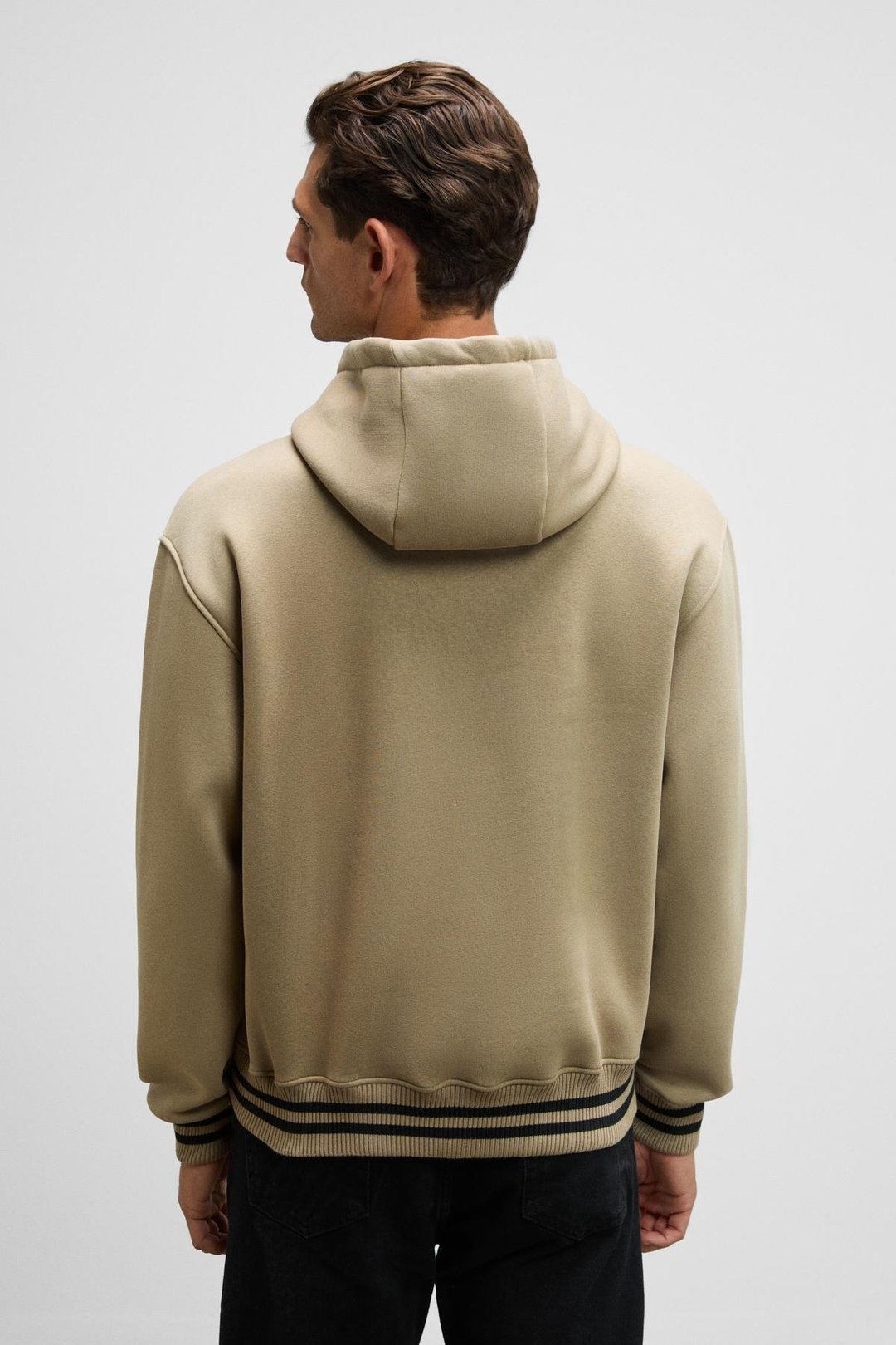 PHANTOSEAS Erkek Kapüşonlu Önü Nakışlı Etek Ve Kol Triko Detaylı Vizon Sweatshirt