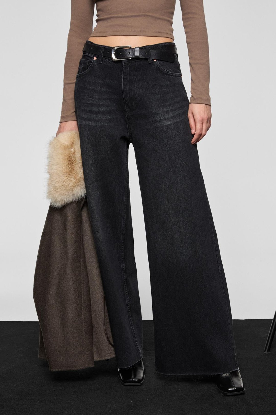 PIEDRA Kadın %100 Pamuk Geniş Paça Paçası Dikişsiz Bitişli Denim Siyah Jeans