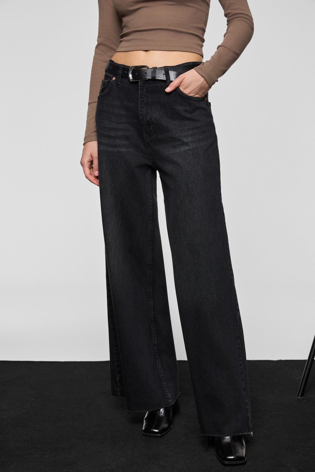 PIEDRA Kadın %100 Pamuk Geniş Paça Paçası Dikişsiz Bitişli Denim Siyah Jeans