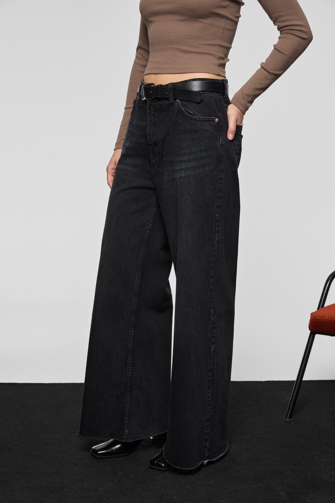 PIEDRA Kadın %100 Pamuk Geniş Paça Paçası Dikişsiz Bitişli Denim Siyah Jeans