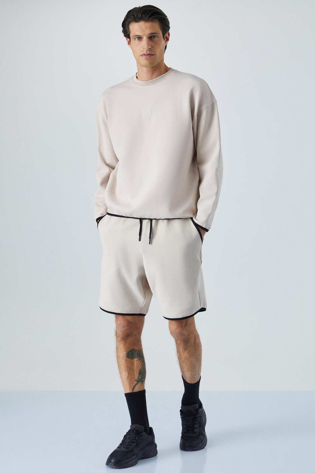 PLEMON Erkek Bisiklet Yaka Uzun Kol Baskı Detaylı Oversize Taş Rengi Sweatshirt