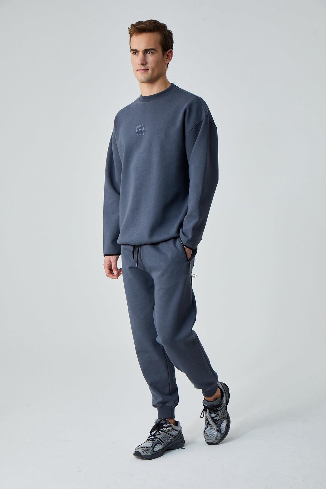 PLEMON Erkek Bisiklet Yaka Uzun Kol Baskı Detaylı Oversize Gri Sweatshirt