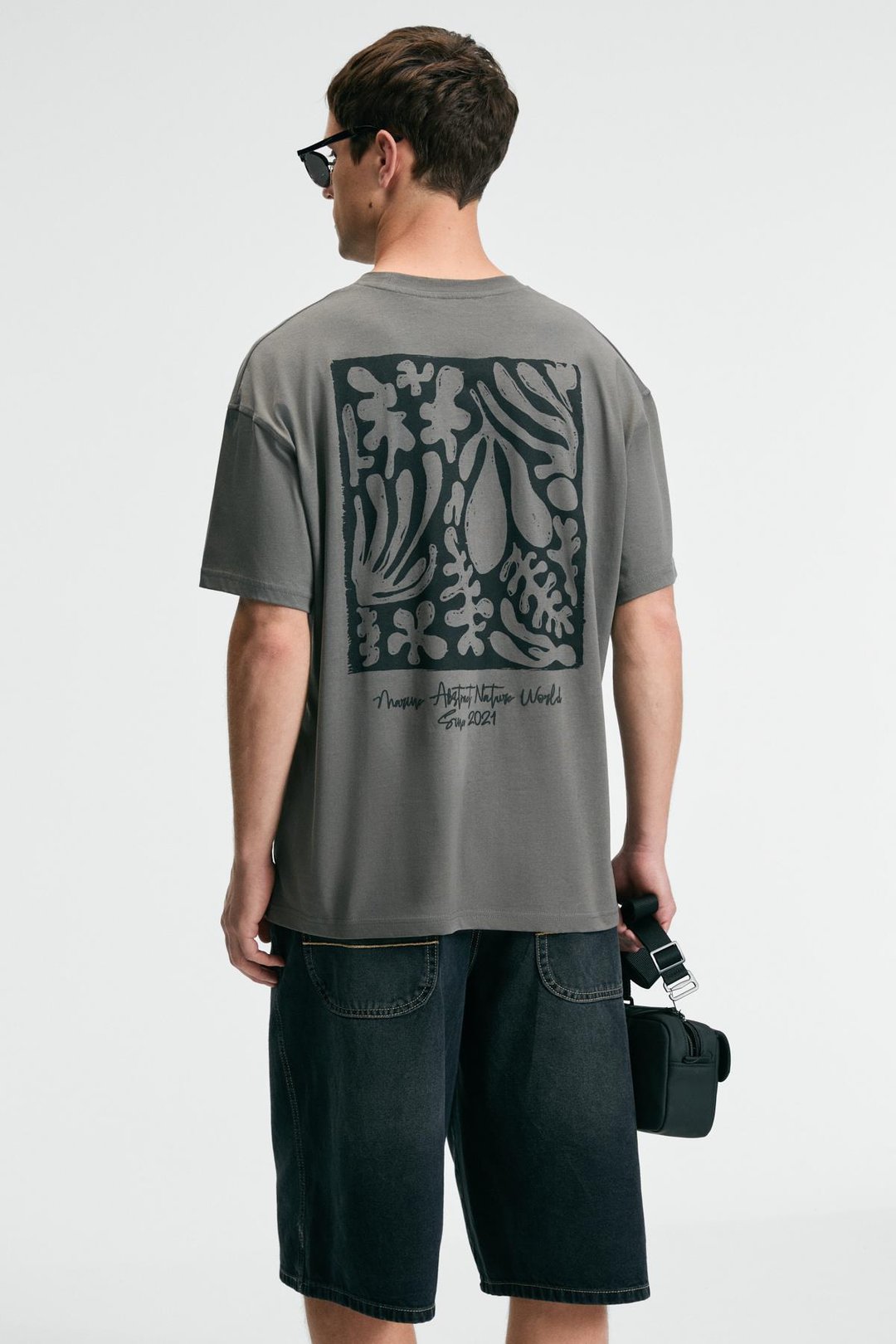 POP Erkek %100 Pamuk Oversize Fit Baskılı Kısa Kollu Yuvarlak Yakalı Gri T-Shirt