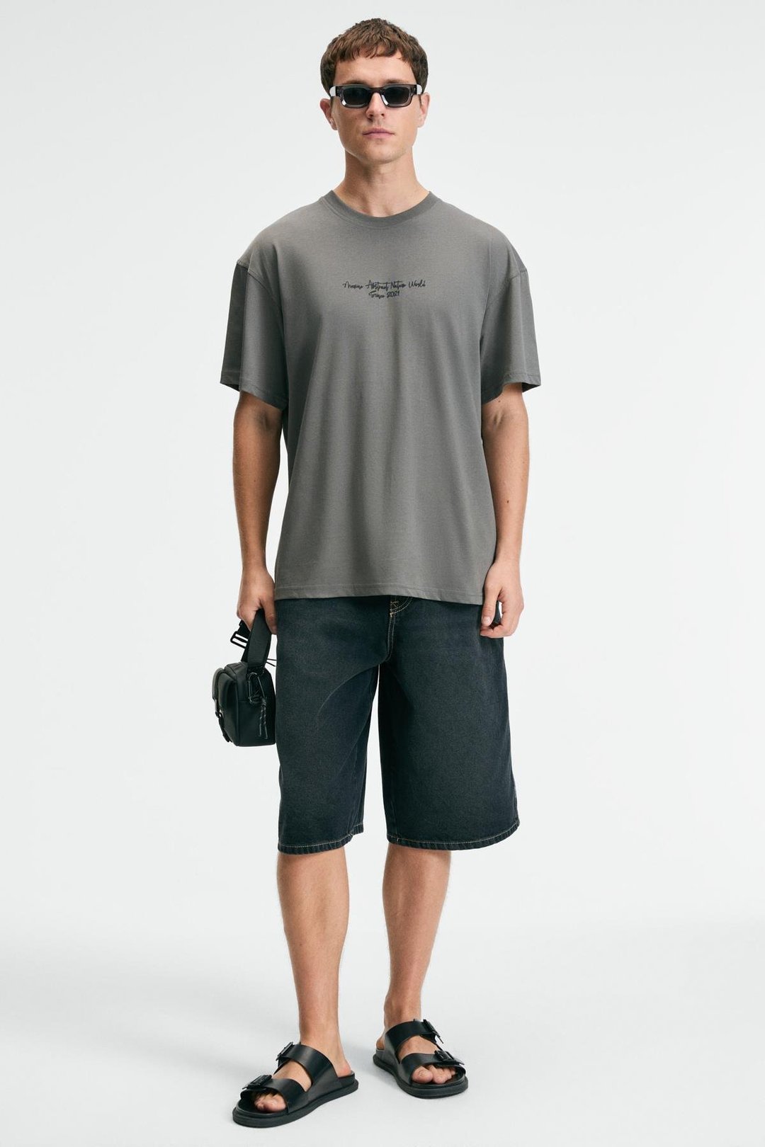 POP Erkek %100 Pamuk Oversize Fit Baskılı Kısa Kollu Yuvarlak Yakalı Gri T-Shirt