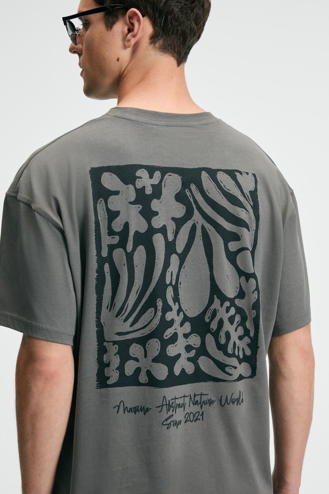 POP Erkek %100 Pamuk Oversize Fit Baskılı Kısa Kollu Yuvarlak Yakalı Gri T-Shirt