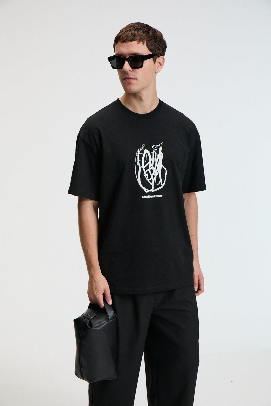 POP Erkek %100 Pamuk Oversize Fit Baskılı Kısa Kollu Yuvarlak Yakalı Siyah T-Shirt