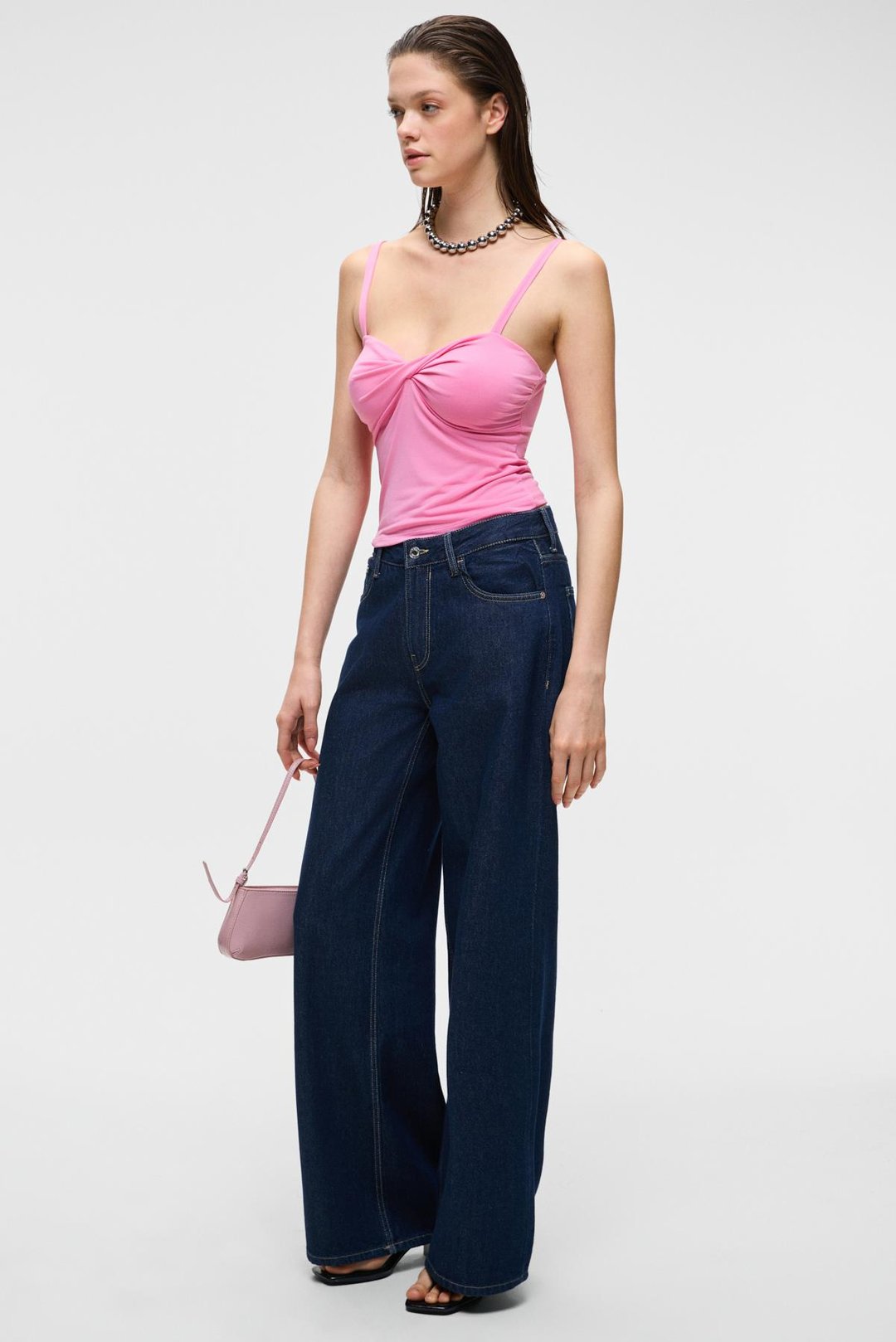 PRIENSE Kadın Slim Kısa Kolsuz Askılı Yaka Pembe Bluz