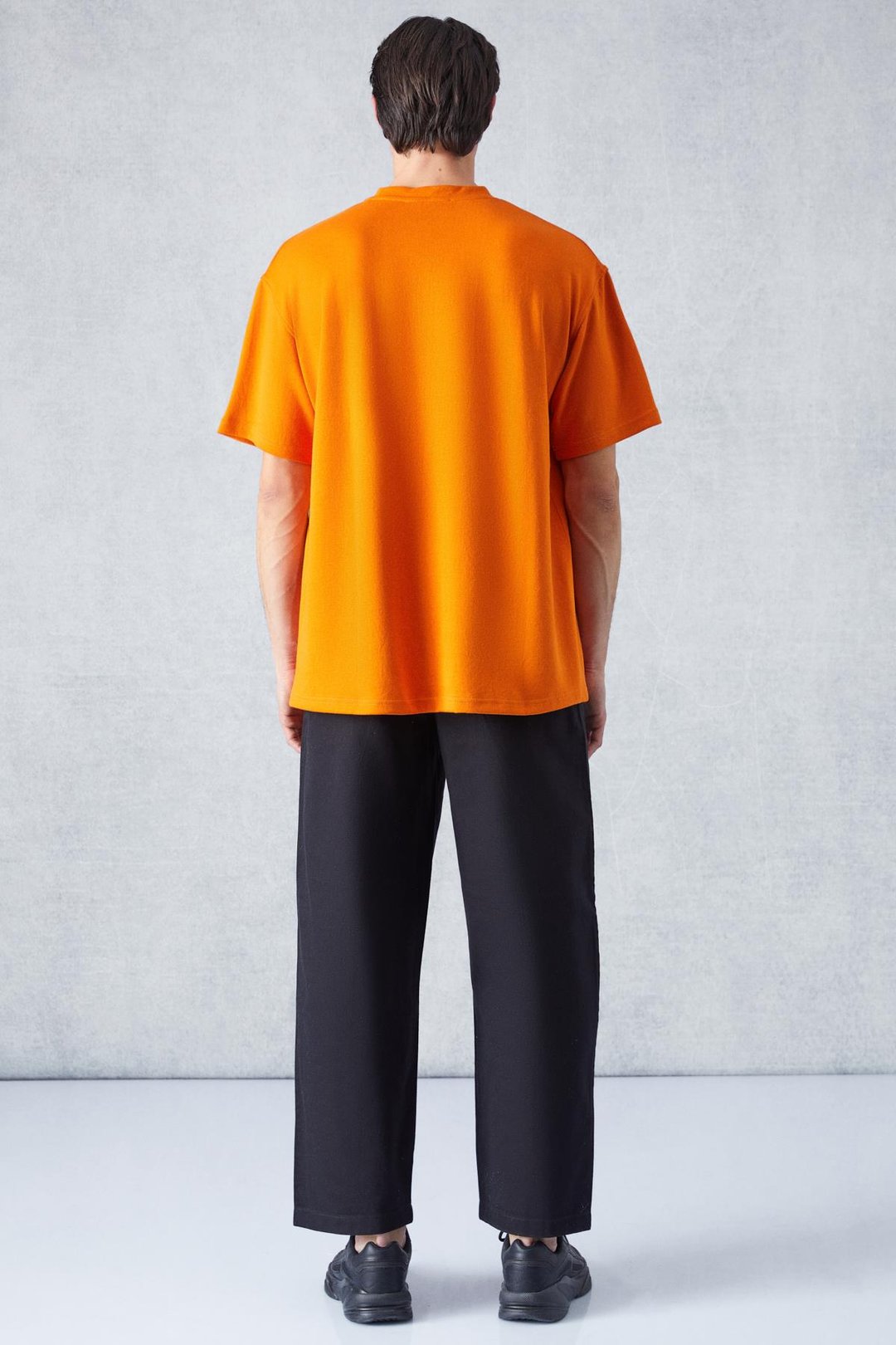 PROJECT Erkek Baskı Detaylı Oversize Fit %100 Organik Pamuk Örme Bisiklet Yaka Örme Turuncu T-Shirt