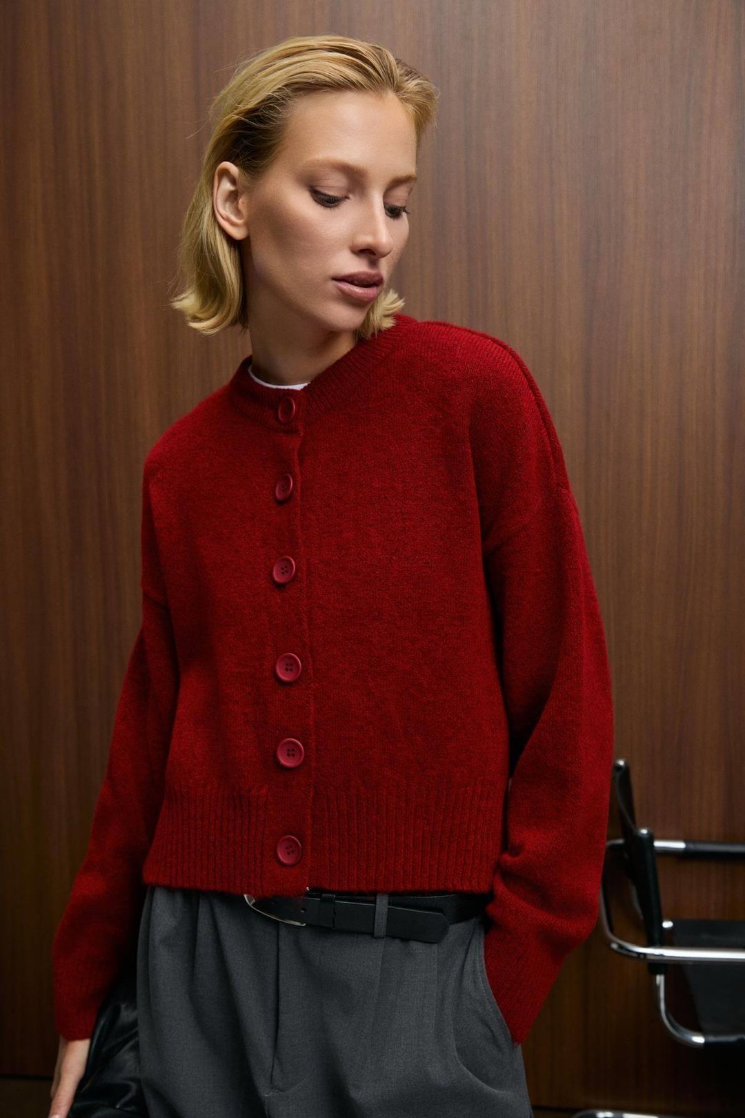 PUREZA Kadın Yuvarlak Yakalı Uzun Kollu Düğmeli Yumuşak Dokulu Regular Fit Triko Kırmızı Kazak