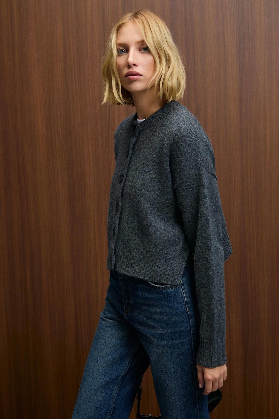 PUREZA Kadın Yuvarlak Yakalı Uzun Kollu Düğmeli Yumuşak Dokulu Regular Fit Triko Antrasit Kazak