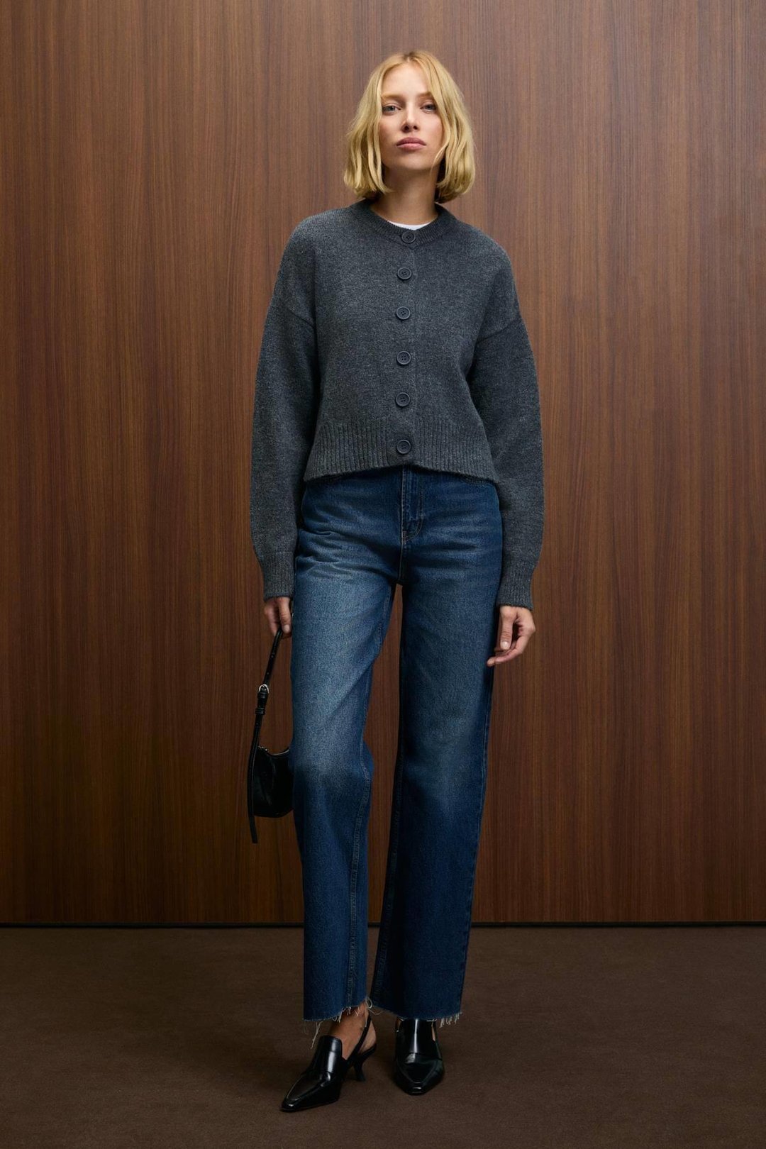 PUREZA Kadın Yuvarlak Yakalı Uzun Kollu Düğmeli Yumuşak Dokulu Regular Fit Triko Antrasit Kazak