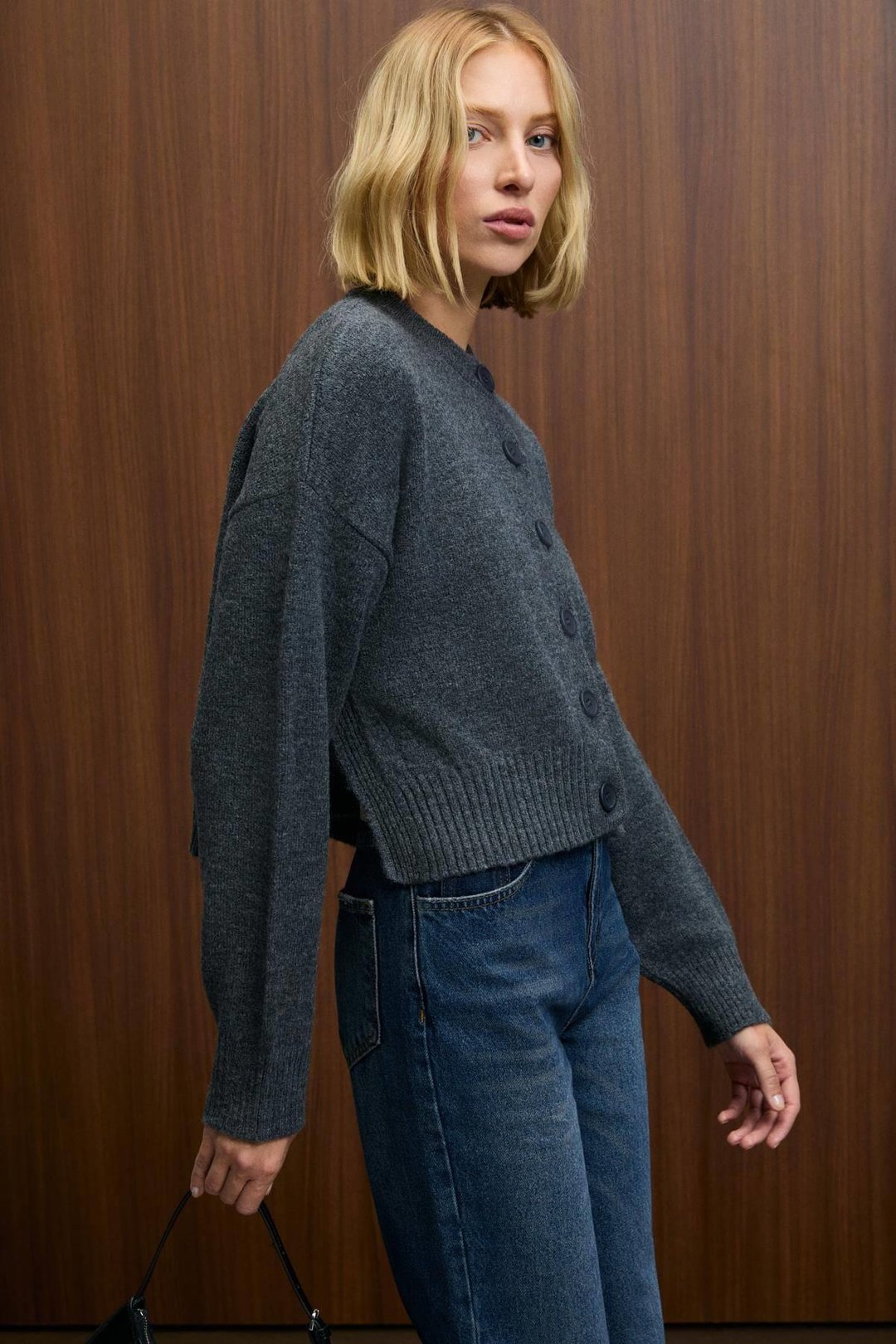 PUREZA Kadın Yuvarlak Yakalı Uzun Kollu Düğmeli Yumuşak Dokulu Regular Fit Triko Antrasit Kazak