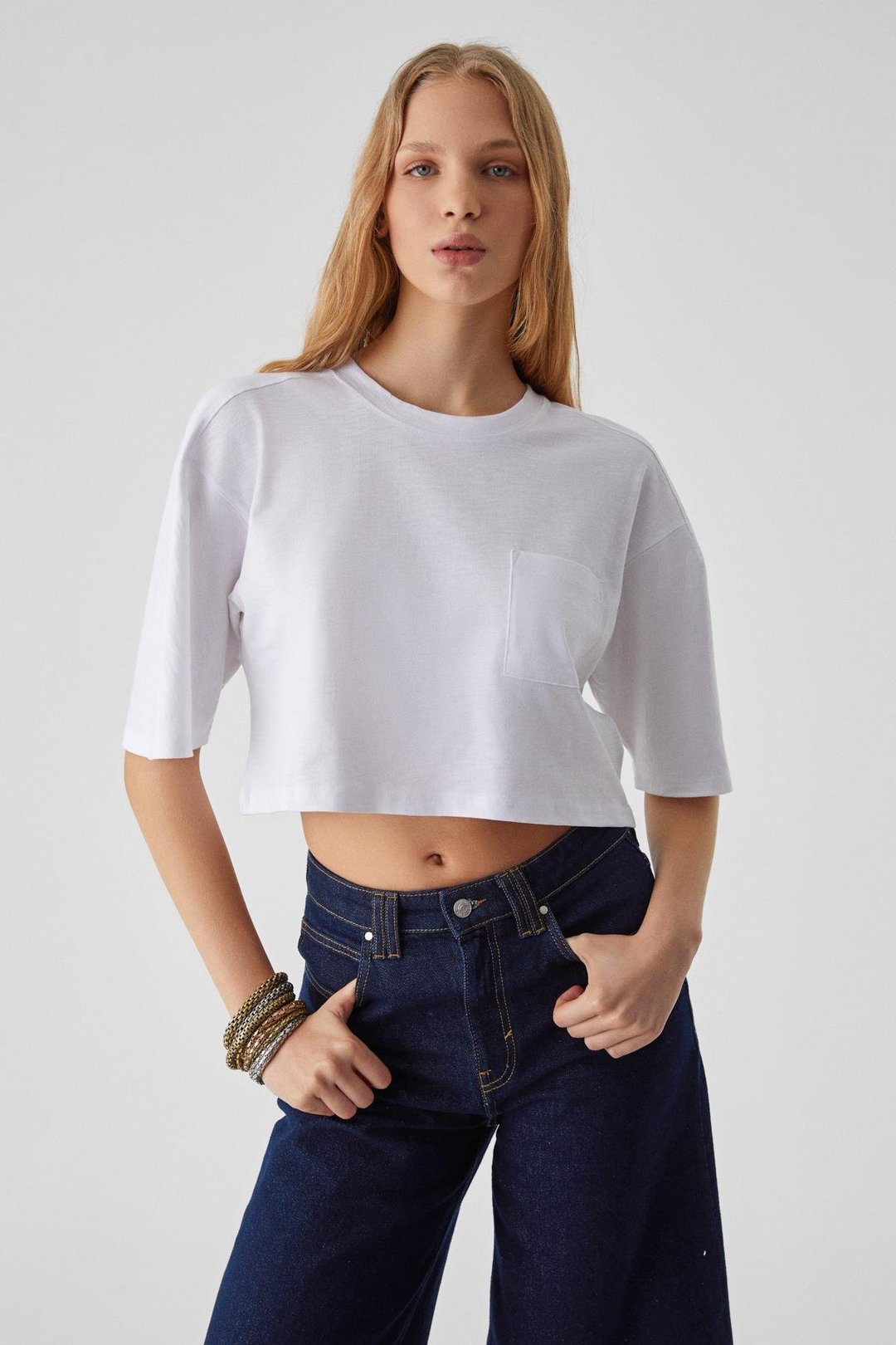 QEFKOP Kadın %100 Pamuk Bisiklet Yaka Oversize Beyaz T-Shirt