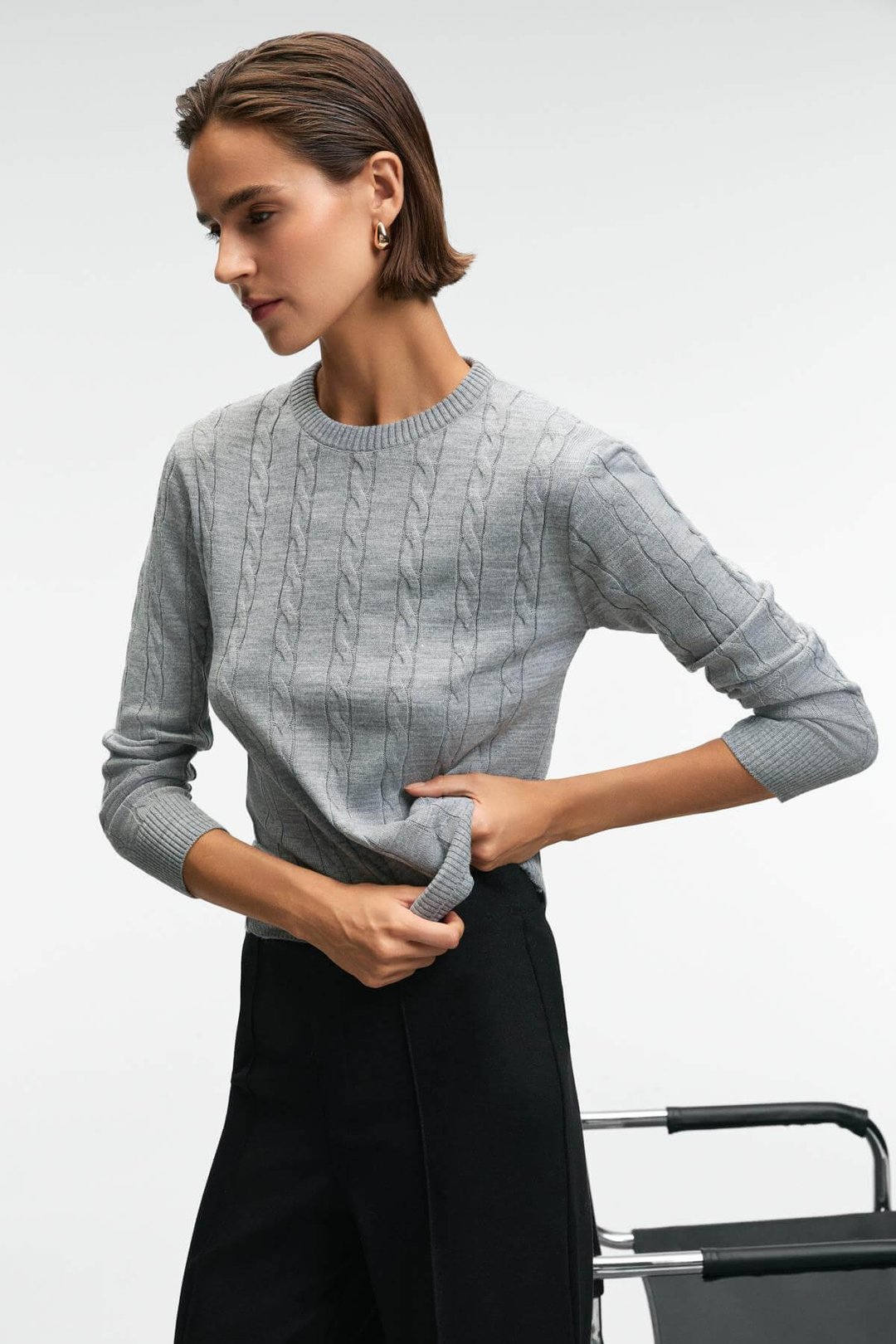 QUERIDA Kadın Yuvarlak Yaka Saç Örgülü Regular Fit Triko Grimelanj Kazak