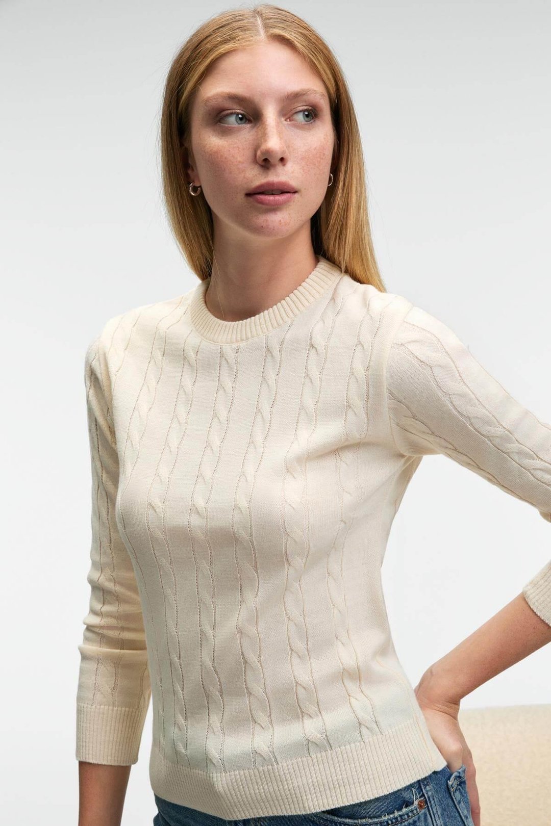 QUERIDA Kadın Yuvarlak Yaka Saç Örgülü Regular Fit Triko Ekru Kazak