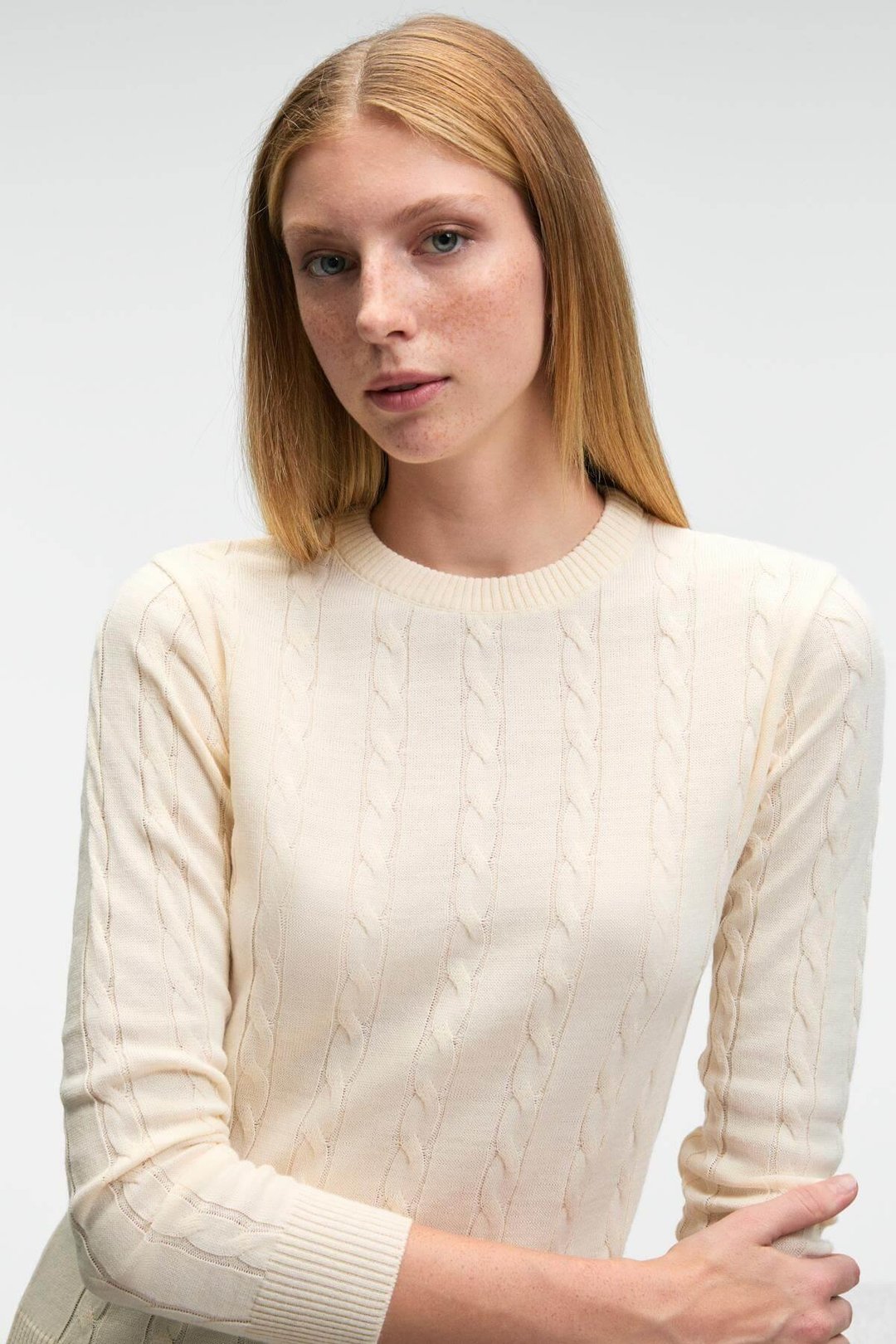 QUERIDA Kadın Yuvarlak Yaka Saç Örgülü Regular Fit Triko Ekru Kazak