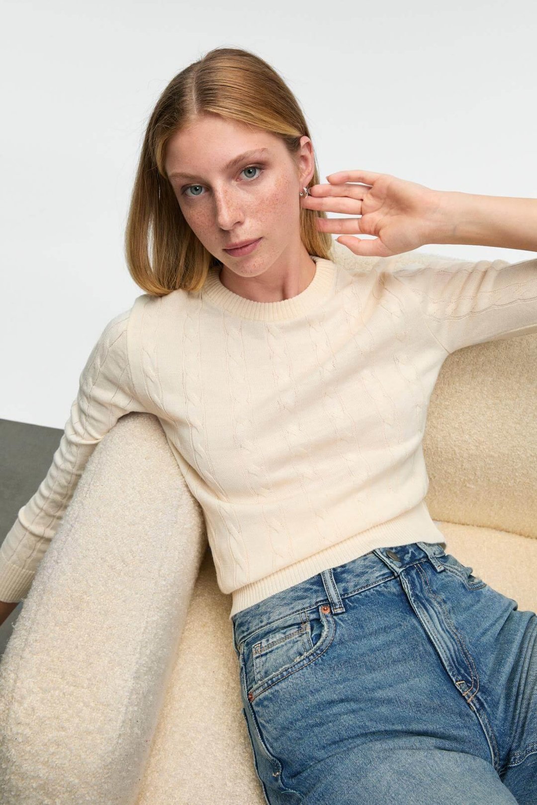 QUERIDA Kadın Yuvarlak Yaka Saç Örgülü Regular Fit Triko Ekru Kazak