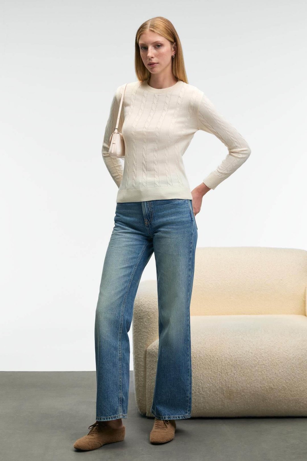 QUERIDA Kadın Yuvarlak Yaka Saç Örgülü Regular Fit Triko Ekru Kazak