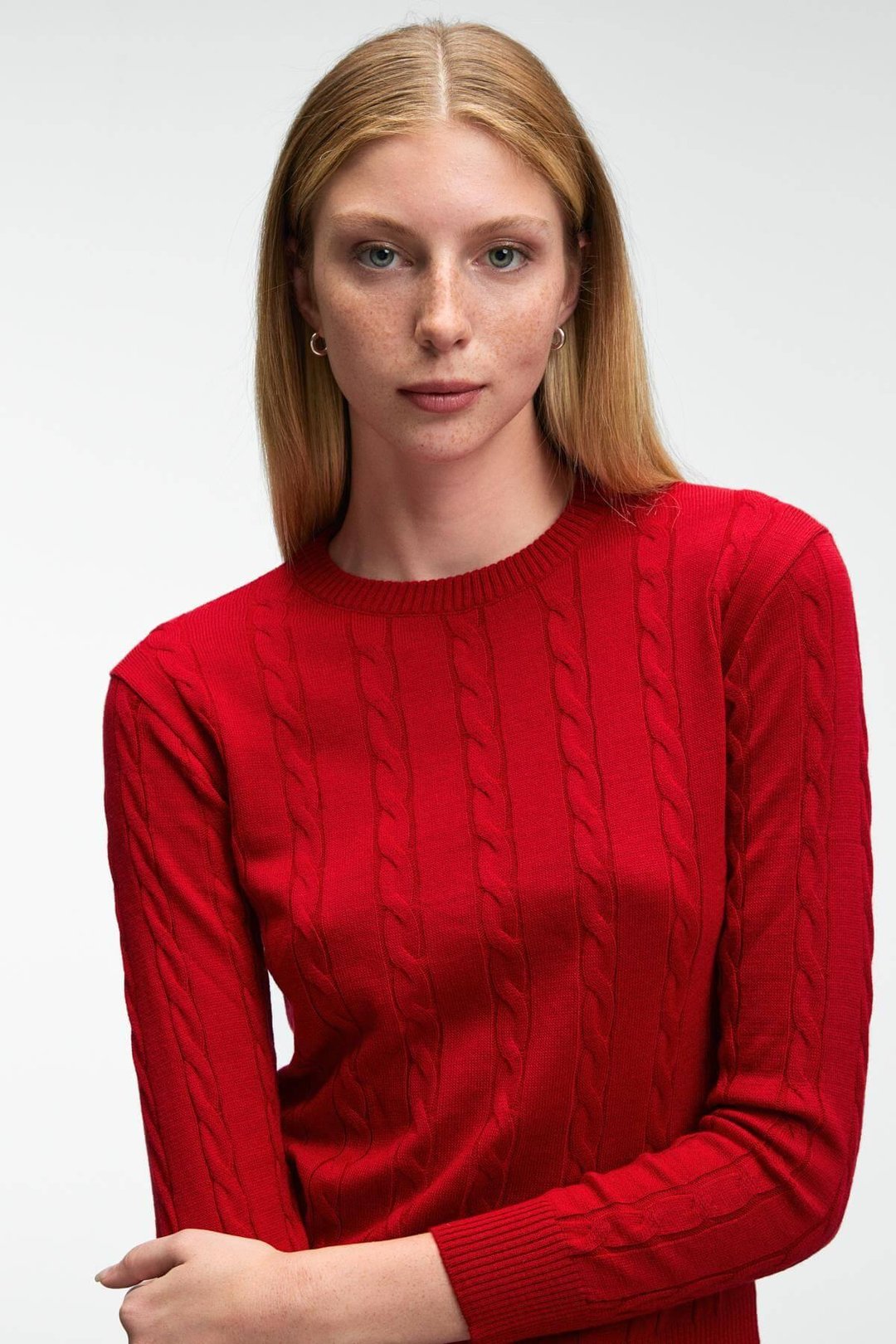 QUERIDA Kadın Yuvarlak Yaka Saç Örgülü Regular Fit Triko Kırmızı Kazak