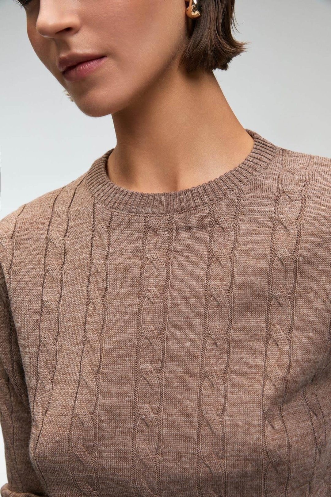 QUERIDA Kadın Yuvarlak Yaka Saç Örgülü Regular Fit Triko Kahverengi Kazak
