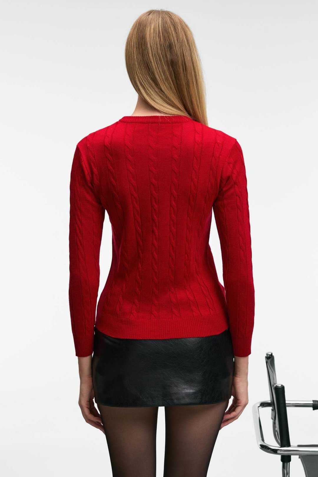 QUERIDA Kadın Yuvarlak Yaka Saç Örgülü Regular Fit Triko Kırmızı Kazak