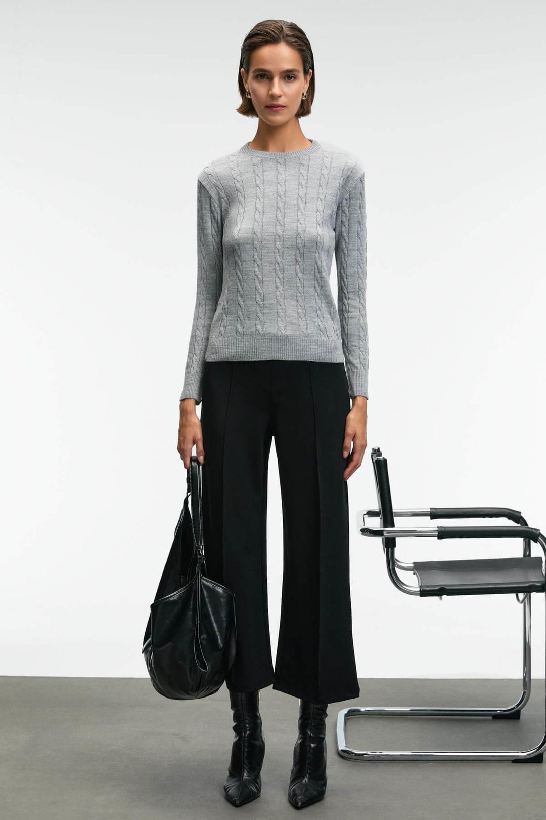 QUERIDA Kadın Yuvarlak Yaka Saç Örgülü Regular Fit Triko Grimelanj Kazak